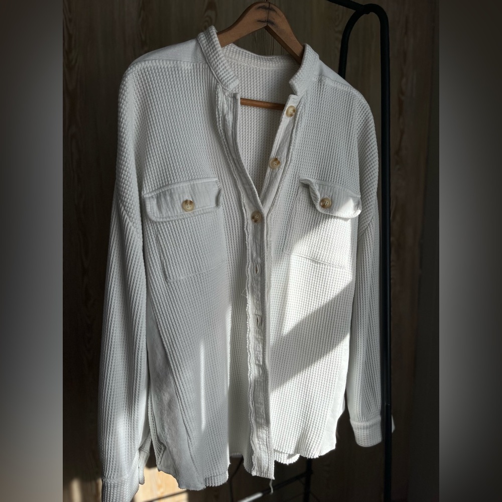 Women's White Button-Down Waffle Knit Shirt